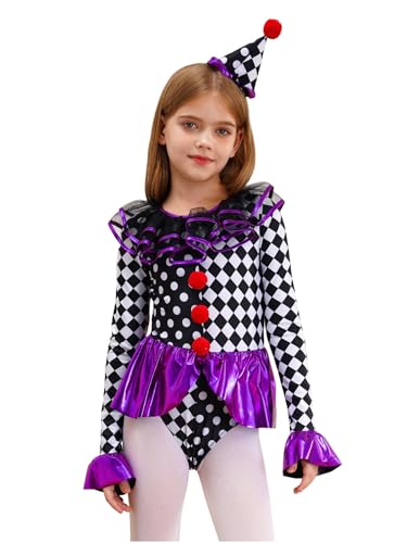 JEATHA Clown Kostüm Kinder Mädchen Zirkus Cosplay Verkleidung Langarm Body mit Clown Hut Halloween Karneval Fasching Party Dress Up Violett 110-116 von JEATHA