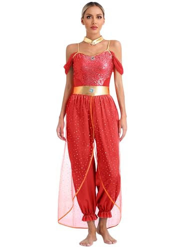 JEATHA Damen Arabische Tanzkleidung Aladin Prinzessin Pailletten Jumpsuit mit Halsband Bauchtanz Kostüm Weihnachten Fasching Performance Tanzanzug Rot 3XL von JEATHA