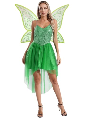 JEATHA Damen Blumenfee Kostüm Fee Elf Cosplay Kostüm Pailletten Fee Tüll Kleid mit Schmetterling Flügeln Outfits für Halloween Fasching Grün 3XL von JEATHA