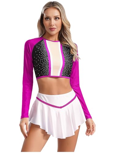 JEATHA Damen Cheerleading Uniform Outfits Langarm Crop Mit Faltenrock Set Halloween Cheer Leader Kostüm Tanzkleid Karneval Kostüm Hot Pink L von JEATHA