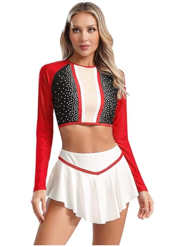 JEATHA Damen Cheerleading Uniform Outfits Langarm Crop Mit Faltenrock Set Halloween Cheer Leader Kostüm Tanzkleid Karneval Kostüm Rot XL von JEATHA