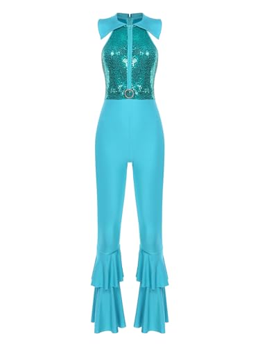 JEATHA Damen Disco Kostüm 70er Jahre Retro Jumpsuit Overall Pailletten Top mit Schlaghose Hippie Rave Outfit Clubwear Mottoparty Tanzkostüm Blau Grün 3XL von JEATHA