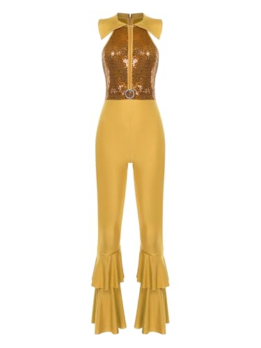 JEATHA Damen Disco Kostüm 70er Jahre Retro Jumpsuit Overall Pailletten Top mit Schlaghose Hippie Rave Outfit Clubwear Mottoparty Tanzkostüm Gold 3XL von JEATHA