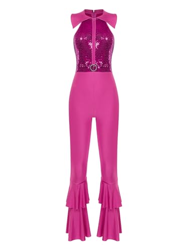 JEATHA Damen Disco Kostüm 70er Jahre Retro Jumpsuit Overall Pailletten Top mit Schlaghose Hippie Rave Outfit Clubwear Mottoparty Tanzkostüm Hot Pink 3XL von JEATHA