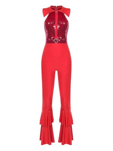 JEATHA Damen Disco Kostüm 70er Jahre Retro Jumpsuit Overall Pailletten Top mit Schlaghose Hippie Rave Outfit Clubwear Mottoparty Tanzkostüm Rot 3XL von JEATHA