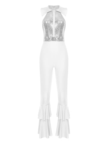 JEATHA Damen Disco Kostüm 70er Jahre Retro Jumpsuit Overall Pailletten Top mit Schlaghose Hippie Rave Outfit Clubwear Mottoparty Tanzkostüm Silber 3XL von JEATHA