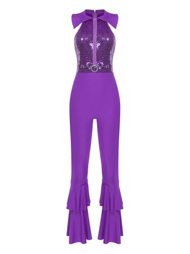 JEATHA Damen Disco Kostüm 70er Jahre Retro Jumpsuit Overall Pailletten Top mit Schlaghose Hippie Rave Outfit Clubwear Mottoparty Tanzkostüm Violett 3XL von JEATHA