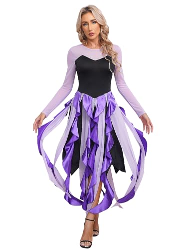 JEATHA Damen Halloween Kostüm Meerjungfrau Hexe Kleid Langarm Lila Schwarz Patchwork Fransen Abendkleider Festzug Cosplay Outfits Violett L von JEATHA