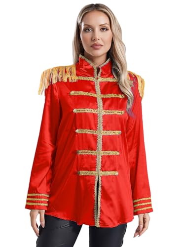 JEATHA Damen Satin Blazer Cosplay Zirkus Ringmaster Kostüm Langarm Mantel Halloween Karneval Showman Kostüme Mottoparty Faschingskostüm Rot XXL von JEATHA