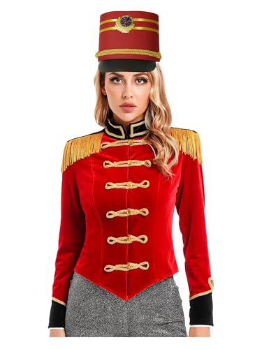 JEATHA Damen Zirkus Kostüm Langarm Samt Jacke mit Hut Zubehör Set Zirkusdirektor Uniform Cosplay Halloween Karneval Fasching Verkleidung Rot A 3XL von JEATHA