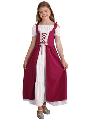 JEATHA Halloween Kostüm Mädchen Mittelalterliche Vintage Kleid Kurzarm Schnürung Mittelalter Ballkleider Halloween Party Cosplay Halloween Kostüm Burgundy 158-164 von JEATHA