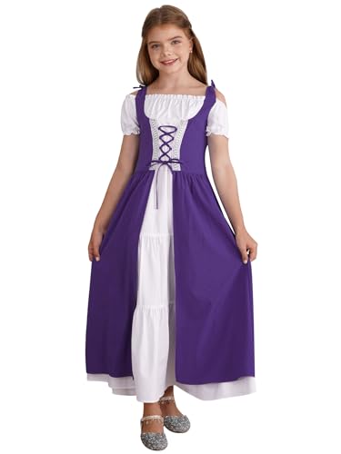 JEATHA Halloween Kostüm Mädchen Mittelalterliche Vintage Kleid Kurzarm Schnürung Mittelalter Ballkleider Halloween Party Cosplay Halloween Kostüm Dunkelviolett 110-116 von JEATHA