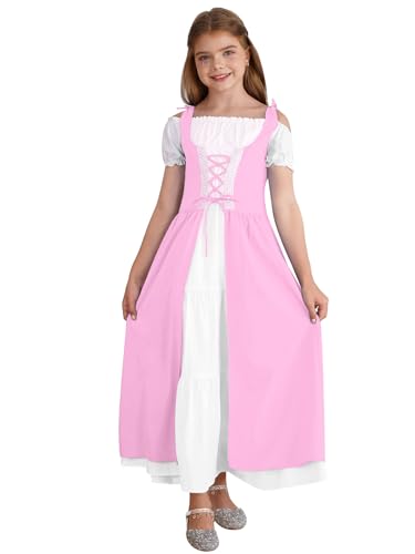 JEATHA Halloween Kostüm Mädchen Mittelalterliche Vintage Kleid Kurzarm Schnürung Mittelalter Ballkleider Halloween Party Cosplay Halloween Kostüm Rosa 170 von JEATHA