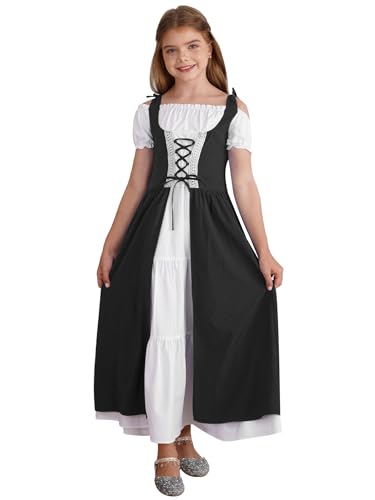 JEATHA Halloween Kostüm Mädchen Mittelalterliche Vintage Kleid Kurzarm Schnürung Mittelalter Ballkleider Halloween Party Cosplay Halloween Kostüm Schwarz 134-140 von JEATHA