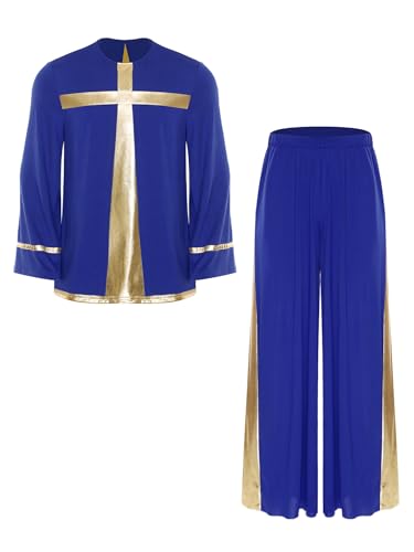 JEATHA Herren Anbetung Lob Tanz Outfit Langarm Metallic Tunikashirt Mit Weiten Beinen Hosen Lobpreis Kirche Chor Auftritt Tanzkostüm Königsblau M JEATHA Herren Anbetung Lob Tanz Outfit Langarm Metallic Tunikashirt Mit Weiten Beinen Hosen Lobpreis Kirche Chor Auftritt Tanzkostüm Königsblau M von JEATHA