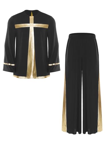 JEATHA Herren Anbetung Lob Tanz Outfit Langarm Metallic Tunikashirt Mit Weiten Beinen Hosen Lobpreis Kirche Chor Auftritt Tanzkostüm Schwarz L JEATHA Herren Anbetung Lob Tanz Outfit Langarm Metallic Tunikashirt Mit Weiten Beinen Hosen Lobpreis Kirche Chor Auftritt Tanzkostüm Schwarz L von JEATHA