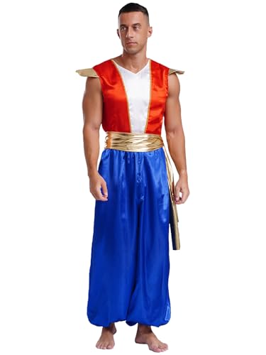 JEATHA Herren Araber Prinz Kostüm Aladin Dress Up Overall Orientalisches Sultan Fasching Mottoparty Rollenspiele Verkleidung Blau XL von JEATHA