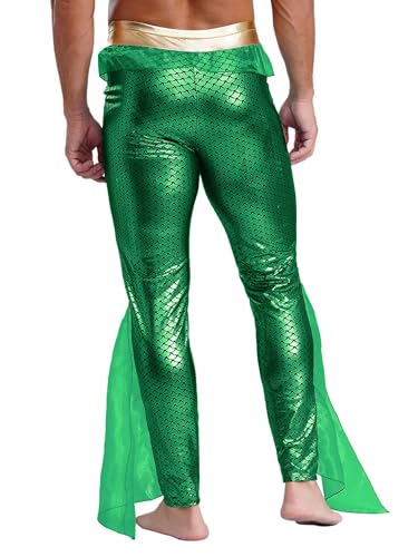 JEATHA Herren Metallic Meerjungfrau Fischschuppen Print Leggings Glänzende Hose Mit Rüschen König der Meere Kostüm Halloween Faschingskostüme Grün 3XL von JEATHA