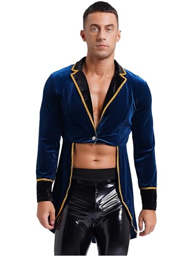 JEATHA Herren Vintage Frack Mantel Zirkus Ringmaster Kostüm Samt Smoking Steampunk Gothic Blazer Showman Uniform Halloween Karneval Cosplay Kostüm Blau 3XL von JEATHA