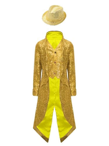 JEATHA Jungen Pailletten Anzug Sakko Jacke Glitzer Frack Jacke mit Pailettenhut Kinder Festlich Party Hochzeit Outfits Jazz Disco Performance Outfits Gold 110-116 von JEATHA