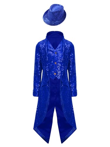 JEATHA Jungen Pailletten Anzug Sakko Jacke Glitzer Frack Jacke mit Pailettenhut Kinder Festlich Party Hochzeit Outfits Jazz Disco Performance Outfits Königsblau 110-116 von JEATHA