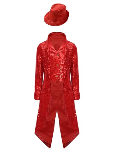 JEATHA Jungen Pailletten Anzug Sakko Jacke Glitzer Frack Jacke mit Pailettenhut Kinder Festlich Party Hochzeit Outfits Jazz Disco Performance Outfits Rot 110-116 von JEATHA