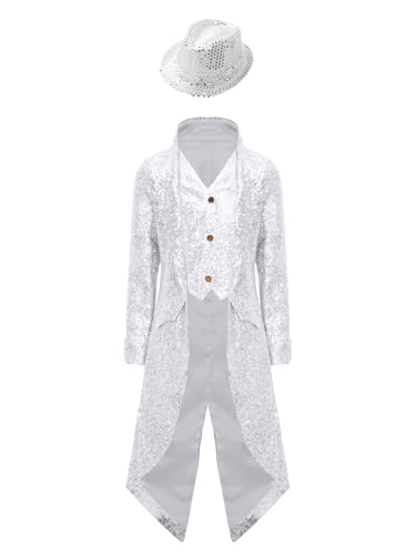 JEATHA Jungen Pailletten Anzug Sakko Jacke Glitzer Frack Jacke mit Pailettenhut Kinder Festlich Party Hochzeit Outfits Jazz Disco Performance Outfits Silber 134-140 von JEATHA