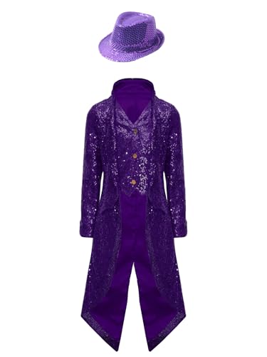 JEATHA Jungen Pailletten Anzug Sakko Jacke Glitzer Frack Jacke mit Pailettenhut Kinder Festlich Party Hochzeit Outfits Jazz Disco Performance Outfits Violett 110-116 von JEATHA