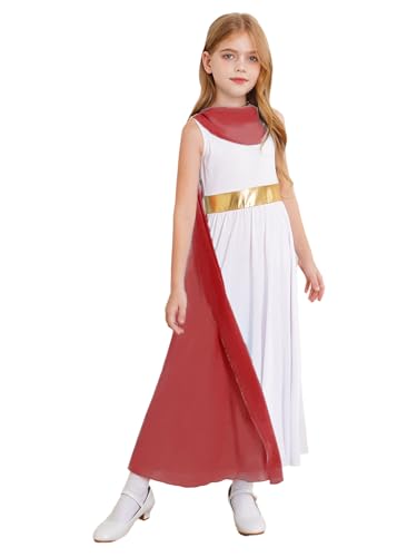 JEATHA Kinder Mädchen Griechische Kleider Ärmelllos Weisses Griechische Göttin Athena Kleid mit Chiffon Tuch Für Fasching Karneval Party Burgundy 122-128 von JEATHA