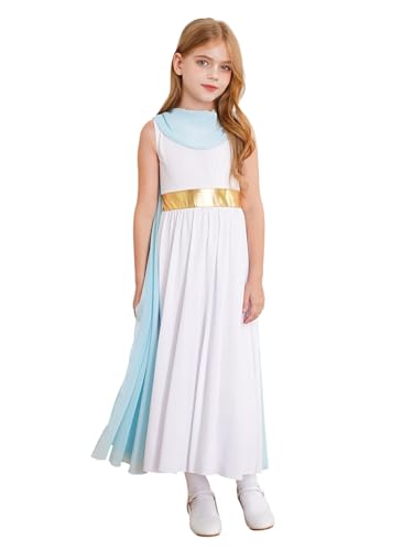 JEATHA Kinder Mädchen Griechische Kleider Ärmelllos Weisses Griechische Göttin Athena Kleid mit Chiffon Tuch Für Fasching Karneval Party Hellblau 122-128 von JEATHA