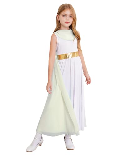 JEATHA Kinder Mädchen Griechische Kleider Ärmelllos Weisses Griechische Göttin Athena Kleid mit Chiffon Tuch Für Fasching Karneval Party Sekt 122-128 von JEATHA