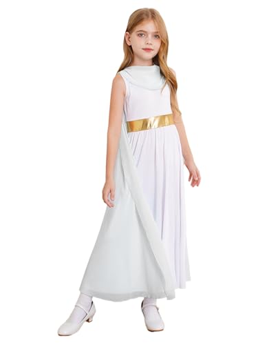 JEATHA Kinder Mädchen Griechische Kleider Ärmelllos Weisses Griechische Göttin Athena Kleid mit Chiffon Tuch Für Fasching Karneval Party Weiß 122-128 von JEATHA