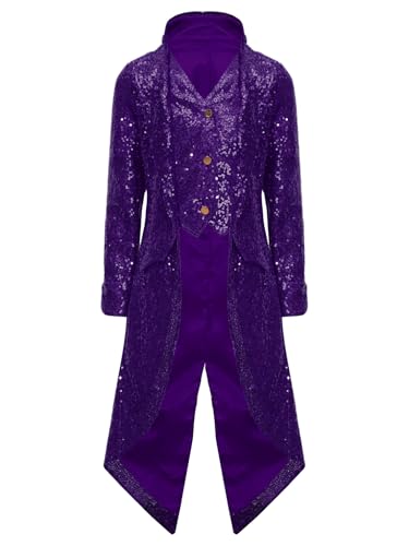 JEATHA Kinder Mittelalter Pailletten Steampunk Mantel Jungen Prinz Mittelalter Gothic Frackjacke Langer Smoking Anzugjacke Halloween Faschingskostüme Violett 170 von JEATHA