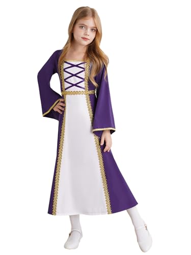 JEATHA Kinder Mittelalter Renaissance Gothic Kleid Schnürung Front Flowy Kleid Mädchen Cosplay Dress Up Halloween Performance Outfit Dunkelviolett 110-116 von JEATHA