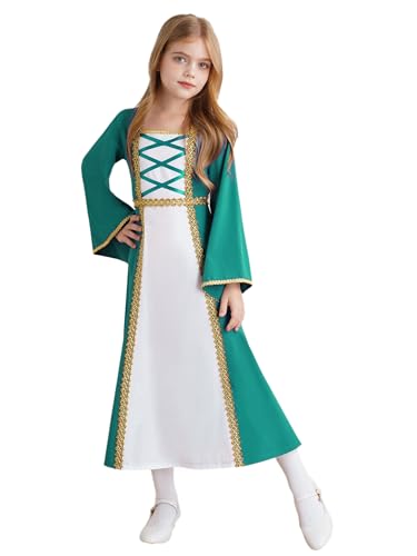 JEATHA Kinder Mittelalter Renaissance Gothic Kleid Schnürung Front Flowy Kleid Mädchen Cosplay Dress Up Halloween Performance Outfit Grün 110-116 von JEATHA