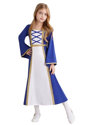 JEATHA Kinder Mittelalter Renaissance Gothic Kleid Schnürung Front Flowy Kleid Mädchen Cosplay Dress Up Halloween Performance Outfit Königsblau 110-116 von JEATHA