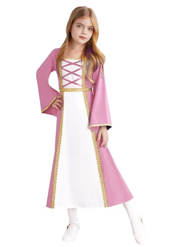 JEATHA Kinder Mittelalter Renaissance Gothic Kleid Schnürung Front Flowy Kleid Mädchen Cosplay Dress Up Halloween Performance Outfit Rosa 158-164 von JEATHA