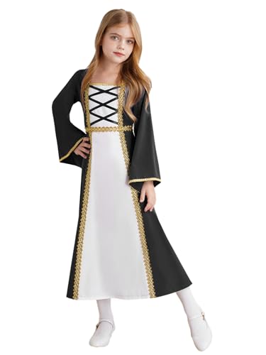 JEATHA Kinder Mittelalter Renaissance Gothic Kleid Schnürung Front Flowy Kleid Mädchen Cosplay Dress Up Halloween Performance Outfit Schwarz 146-152 von JEATHA