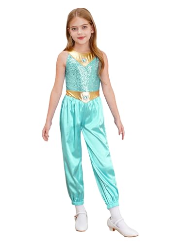 JEATHA Kinder Prinzessin Kostüm Mädchen Ankleiden Pailletten Jumpsuit Prinzessin Dress Up für Halloween Cosplay Party Geburtstagsfeier 5-16 Jahre Minzgrün 122-128 von JEATHA