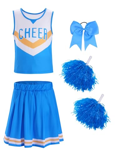 JEATHA Mädchen Cheerleading Kostüm mit Pompoms Harrband Kinder Ärmellos Oberteil Cheer Leader Rock Schule Halloween Karneval Fasching Kostüm Blau B 110-116 von JEATHA