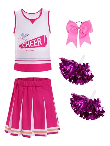 JEATHA Mädchen Cheerleading Kostüm mit Pompoms Harrband Kinder Ärmellos Oberteil Cheer Leader Rock Schule Halloween Karneval Fasching Kostüm Hot Pink 110-116 von JEATHA