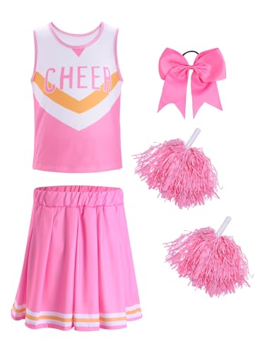 JEATHA Mädchen Cheerleading Kostüm mit Pompoms Harrband Kinder Ärmellos Oberteil Cheer Leader Rock Schule Halloween Karneval Fasching Kostüm Rosa 110-116 von JEATHA