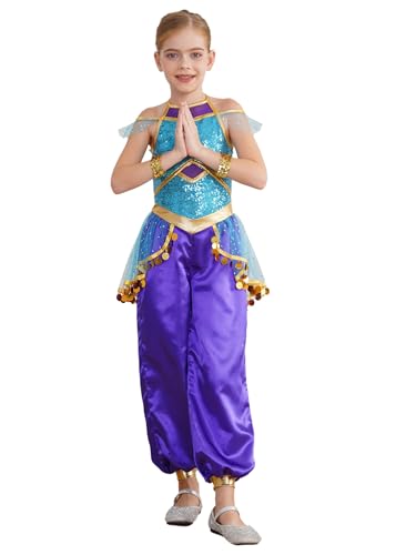 JEATHA Mädchen Jasmin Prinzessin Kostüm Satin Overall Jumpsuit mit Handgelenk Band Outfit Indische Bauchtanz Kostüm Halloween Karneval Fasching Blau 170 von JEATHA