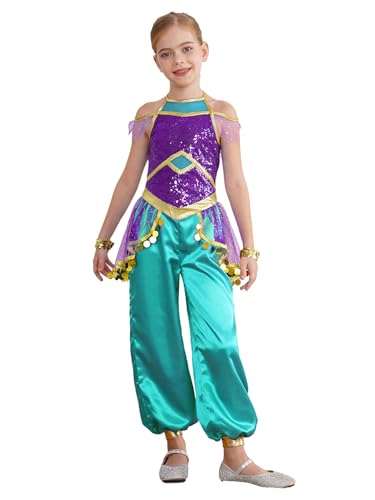 JEATHA Mädchen Jasmin Prinzessin Kostüm Satin Overall Jumpsuit mit Handgelenk Band Outfit Indische Bauchtanz Kostüm Halloween Karneval Fasching Violett 122-128 von JEATHA