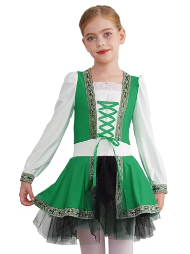 JEATHA Mädchen Mittelalter Renaissance Kleider Traditionelles irisches Kleid Langarm Schnürung Tutu Kleid Cosplay Kostüm Halloween Dress Up Grün 134-140 von JEATHA