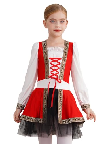 JEATHA Mädchen Mittelalter Renaissance Kleider Traditionelles irisches Kleid Langarm Schnürung Tutu Kleid Cosplay Kostüm Halloween Dress Up Rot 110-116 von JEATHA