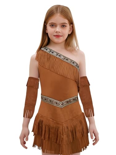 JEATHA Mädchen Prinzessin Indianer Cosplay Verkleidung Fransen Wildleder Kleid Und Lange Armstulpen Karneval Fasching Halloween Party Braun 158-164 JEATHA Mädchen Prinzessin Indianer Cosplay Verkleidung Fransen Wildleder Kleid Und Lange Armstulpen Karneval Fasching Halloween Party Braun 158-164 von JEATHA