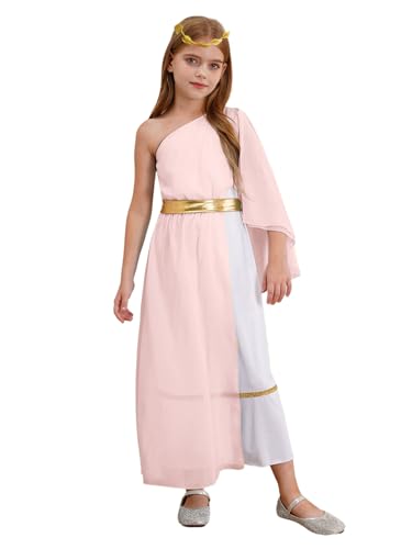 JEATHA Mädchen Römische Königin Kleid mit Stirnband Halloween Kostüm Olympische Göttin Königin Dress Up Partykostüm Ägyptische Königin Kostüm Rosa 110-116 von JEATHA