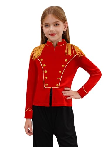 JEATHA Mädchen Samt Zirkusdirektor Jacke Langarm Fransen Reißverschluss Jacke Mantel Zirkus Uniform Motto-Party Karneval Fasching Karneval Outfit Rot 122-128 von JEATHA