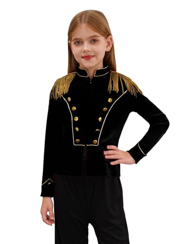 JEATHA Mädchen Samt Zirkusdirektor Jacke Langarm Fransen Reißverschluss Jacke Mantel Zirkus Uniform Motto-Party Karneval Fasching Karneval Outfit Schwarz 110-116 von JEATHA